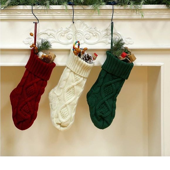 6 New 14 inch Knit Sweater Stockings in Burgundy, Green, and Ivory - Picture 1 of 4